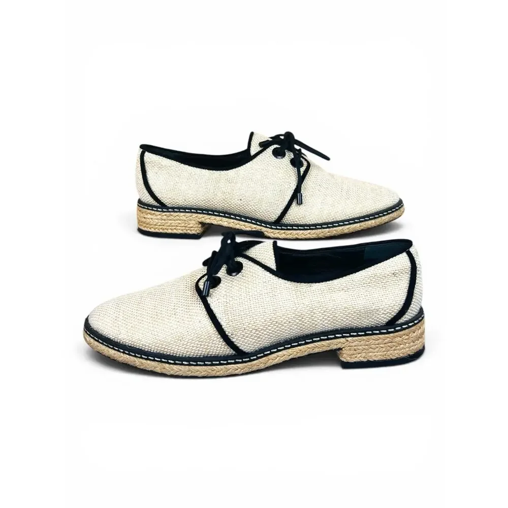 Tory Burch Fawn Canvas Espadrille Oxford Shoes Size 6.5 Lace Up Raffia Jute